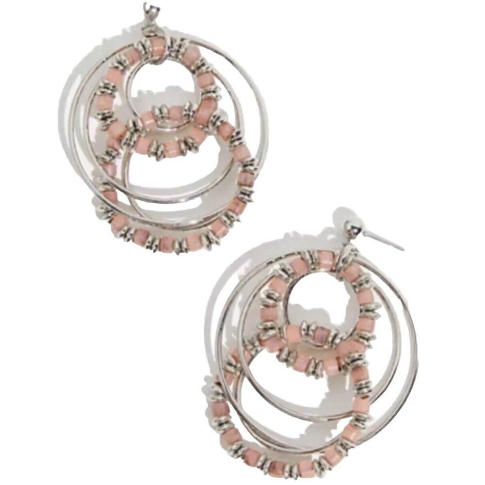 NEW Free People Pink Silver Racer‎ Hoops Beaded Metal Dangling Post Backs
